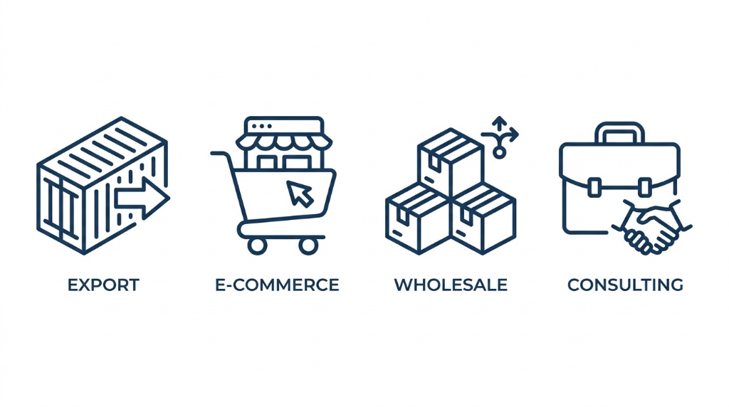 Export / E-Commerce / Wholesale / Consulting — 4つの事業